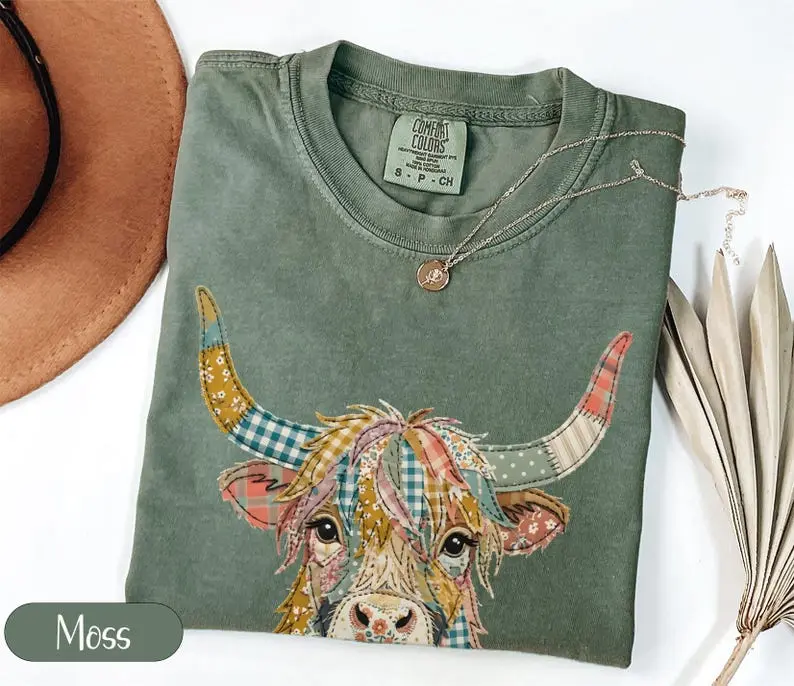 Comfort Colors PRINTED Highland Cow T-Shirts, Quilted Farm Animal Tee, Rustic Cottagecore Style, Boho Western Country Graphic, Unique Farmhouse Art