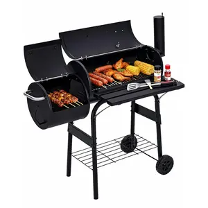 Dual-Chamber Charcoal Grill & Offset Smoker Combo, 43.3" Portable BBQ Barbecue Grill with Wheels, Thermometer & Storage Shelves. 358 Sq.In Cooking Area for 4-8 People. Perfect Outdoor Cooking Equipment for Backyard, Camping & Patio.