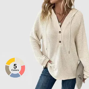 Flamingals Waffle Knit Half Button Placket Drawstring Hooded Long Sleeve T-Shirt for Women Comfortable & Stylish