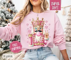 Women's Nutcracker Bubble Sweatshirt, Preppy Christmas Crewneck, Gildan Heavy Blend Sweater - Collar, Fabric