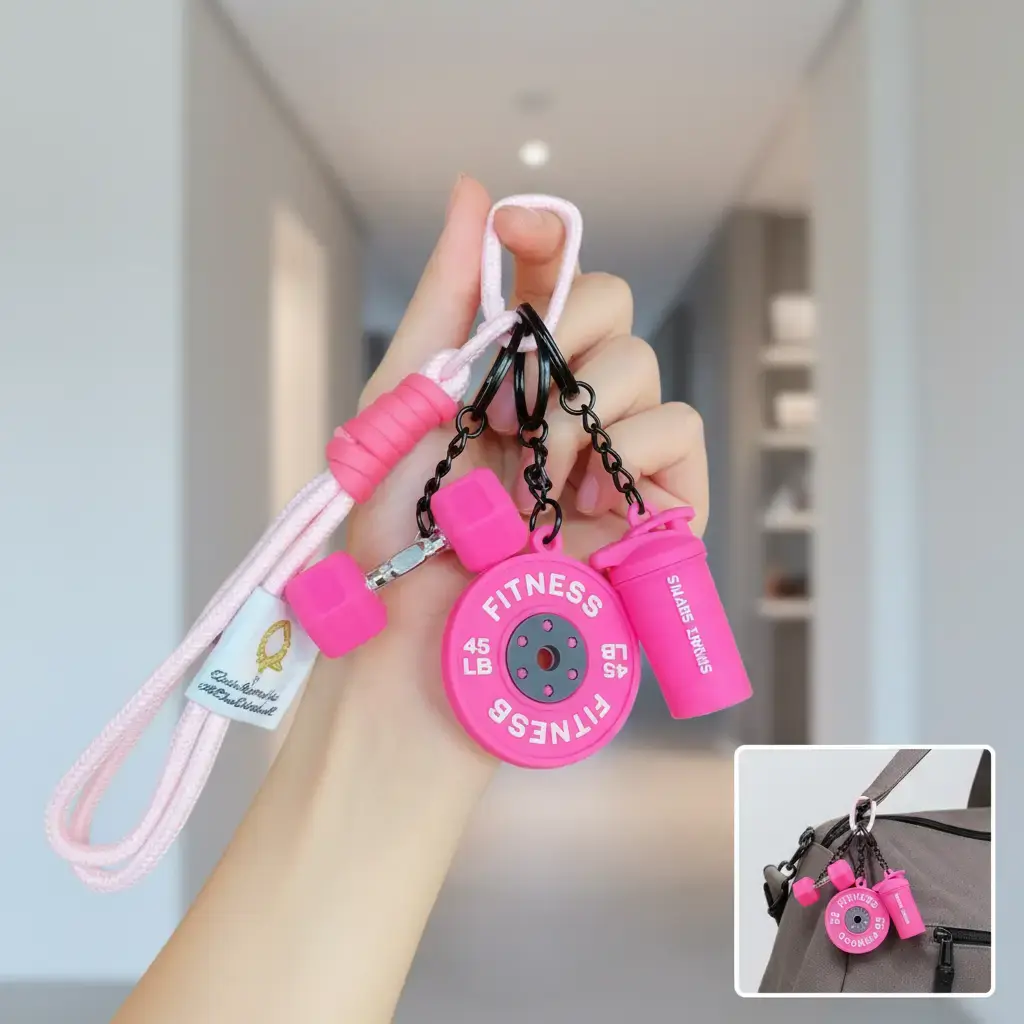 Sports fitness dumbbell and barbell keychain set; dumbbell & barbell keyrings; gym keychain accessories with rope charms; water bottle accents; dumbbell & barbell charm pendants; creative gym fitness pendants; decorative bag, purse, and backpack ornaments