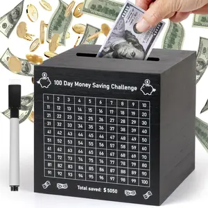 100 Day  Saving Box, Unbreakable $5,050 Wooden Savings Challenge Box Saver,  Break to Open   Challenge  Vault Saving Box  Number Piggy  Holder, Black