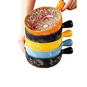 Bohemian Style Ceramic Salad Bowl with Handle, 20.5 Cm Diameter, Microwave and Oven Safe, Durable Kitchenware for Home Baking and Dining, Salad Serving Bowls