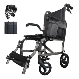 Foldable lightweight aluminum alloy wheelchair, net weight 18 pounds, sturdy and durable, compact to fold, with built-in storage bag for quick opening and closing, easy to operate, suitable for indoor home and outdoor travel,Dark Gray