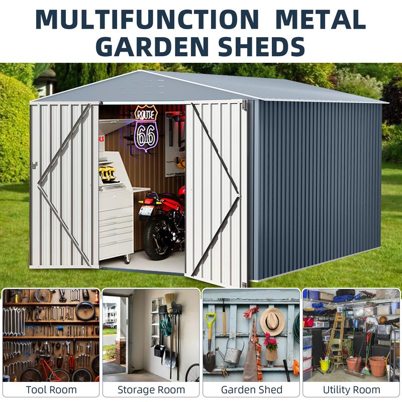 8x12ft Weatherproof Metal Shed - Heavy-Duty Galvanized Steel Outdoor Storage, Lockable Hinged Doors, Ventilated, Rust & Dampness Protection, Assembly Guide, Garden Backyard Patio Building (Grey 10x10ft Option)