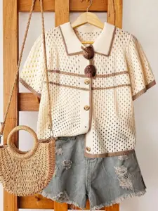 Women's Summer Vacation Fashion Street Casual Loose Striped Colorblock Lapel Hollow Out Button Comfort Short Sleeve Knit Cardigan Knitwear Tops