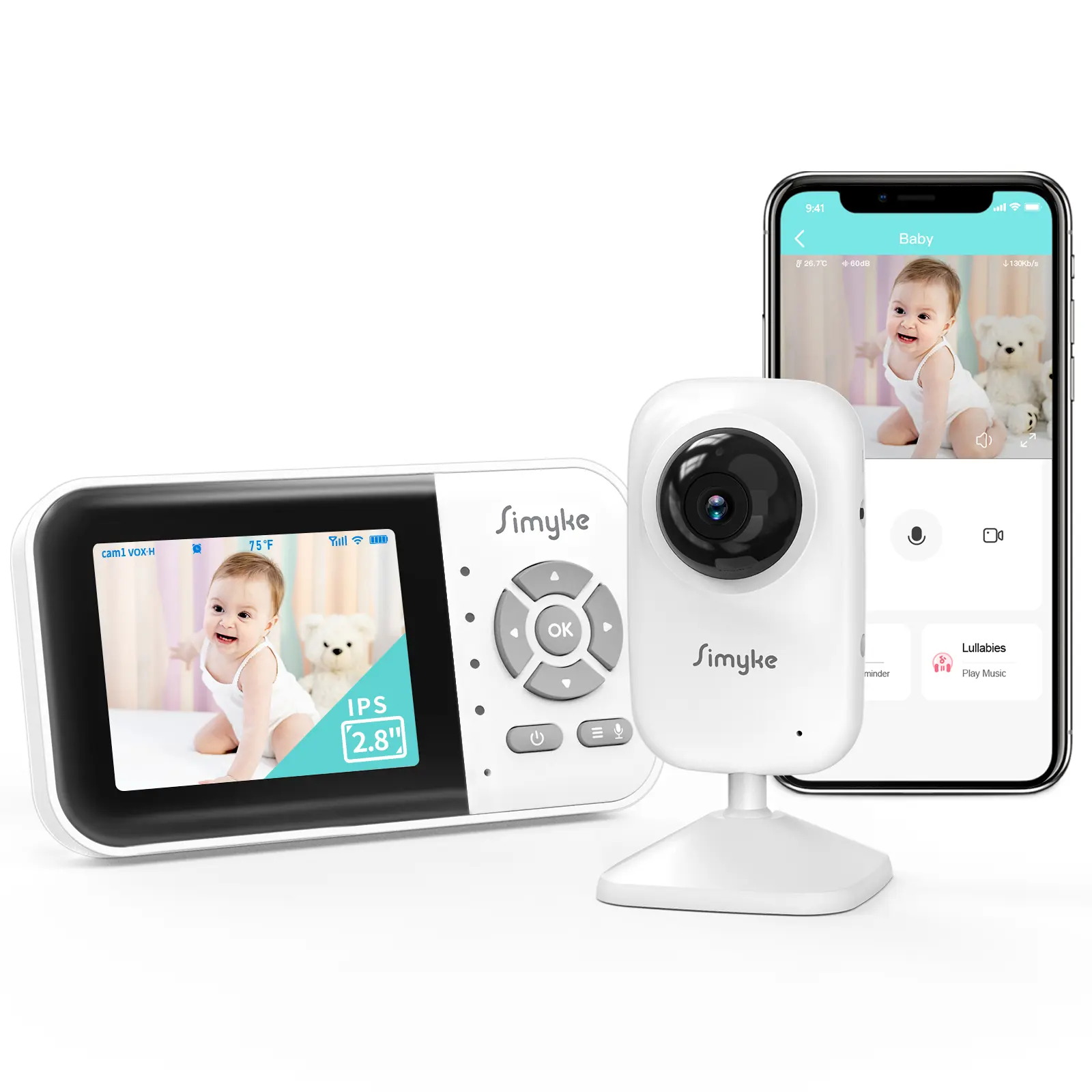 Simyke Cordless 360-Degree Wireless Video Baby Monitor - No Wi-Fi, 2.8" Screen, 1080p HD Night Vision, 2-Way Audio, VOX Mode, 1200ft Range, Portable Plug & Play, Silent Dual-Camera Kit, Expandable for Toddlers, Baby Videos Monitoring, Ebemate App
