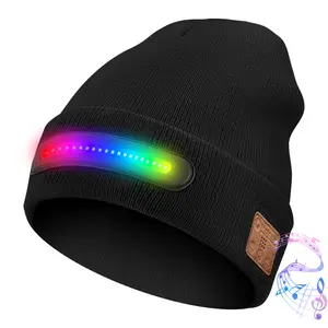 COZOME-Bluetooth Beanie with Light, Unisex USB Rechargeable 4 LED Fashlight Hat with Cordless Headphones, Unique Christmas Birthday Gifts for Men Husband Teen warm beany Knit Balaclava Outdoor
