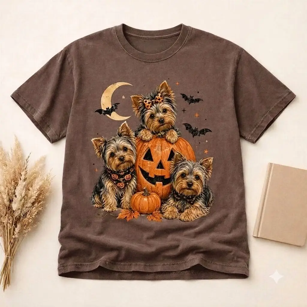 Vintage 90s Yorkshire Terrier Shirt, Yorkie Halloween Pumpkin Tee, Cute Dog Lover Graphic Top, Autumn Pet Apparel, Yorkie Mom T-Shirt
