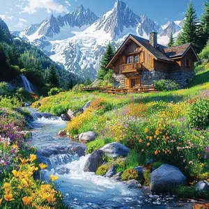 5D Full Drill Alpine Chalet with Wildflower Stream & Snowy Peaks Diamond Painting Kit, Handicraft - Heartfelt DIY Gift for Hiking Enthusiasts & Birthdays | Calming Wall Art for Living Rooms, Nature-Inspired Spaces