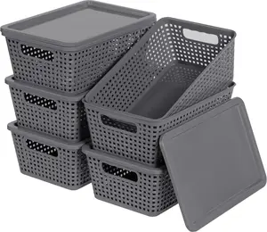 6 Pack-Grey Plastic Storage Baskets With Lid, Storage Bins for Organizing, Stackable Decorative Containers for Shelves Drawers Desktop Closet Playroom Classroom Office,