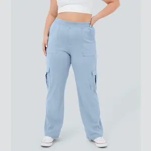 Halara  Flex Mid Rise Multiple Pockets Stretchy Knit Straight Leg Plus Size Casual Cargo Jeans