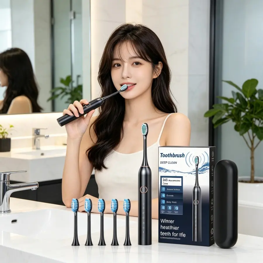 Adult USB Rechargeable Sonic Electric Toothbrush Kit - Soft Bristles, 4 Replacement Heads, Ideal for Couple Daily Oral Care