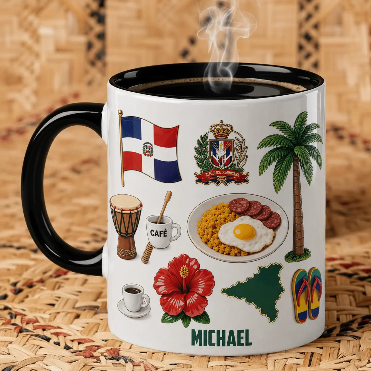 Custom Dominican Republic Coffee Mug, 2D Printed 3D Effect Ceramic Cup with Flag Café Palm Island Design, Personalized Gift