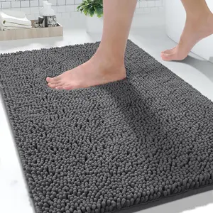 Washable Bathroom Rugs, Super Soft & Absorbent Chenille Bath Mat for Floor & Carpet, Quick Dry Non Slip Bath Mat for Tub Shower, 24" x 17",Dark Gray
