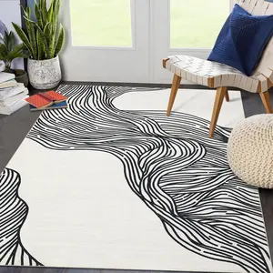 Garvee 8x10 Rug Washable Rugs for Living Room Modern Geometric Area Rug for Bedroom Curve Striped Office Rug Low Pile Neutral Soft Nursery Rug Non Slip Farmhouse Floor Cover Black and White
