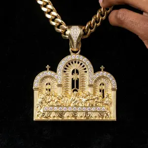 Men's Gold / Silver Plated Jesus Last Supper Religious Large Pendant & 10mm 18" 20" 24" 30" Cuban Chain Hip Hop Style Necklace Jewelry