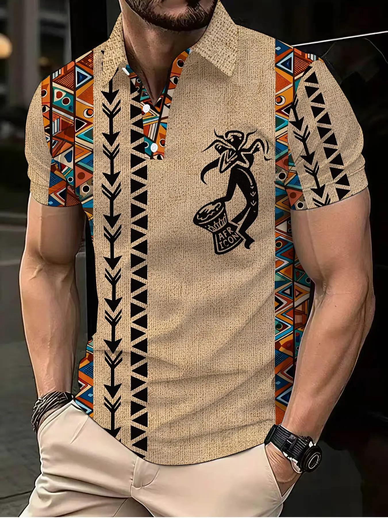 Men's Polo Shirt with Khaki Base and African Totem Print, a Vintage Exotic Tropical Short-Sleeved Casual Top