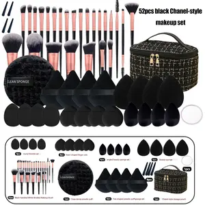52 Pcs Professional Black Makeup Brushes Set Multifunctional Makeup Tool Kit With Sponge Powder Puff Headband And Cleaning Bowl