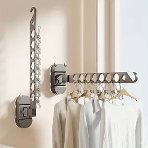 Foldable Suction Cup Clothes Drying Rack, Wall-Mounted Laundry Hanger with 7 Hooks, No-Drill Invisible Rod for Bathroom Balcony Window, Clothes Hanging Rack