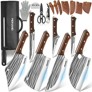 MDHAND 14pcs Chef Knife Set, Hand Forged High Carbon Steel,Includes Butcher,Meat Cleaver, Boning,and Viking Knives,with Knife Bag
