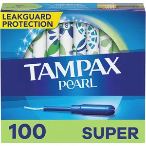 Tampax Pearl Tampons Super Absorbency,With Leakguard Braid, Unscented, 50 Count x 2 Packs (100 Count total) (Packaging May Vary) Period