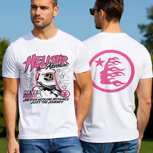 Y2K Hellstar Adventure Skull Astronaut Crewneck T-Shirt, Pink Streetwear "Just The Journey" Graphic Tee, Grunge Hypebeast Casual Top