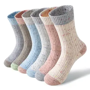 6 Pairs Merino Wool Cute Striped Women Socks, Crew Long Fashion Socks, Color Blocked Striped Pile Girls Socks Hiking Warm Winter Thick Thermal Crew Cozy Cabin Ladies Gift Comfy Boot Work Socks