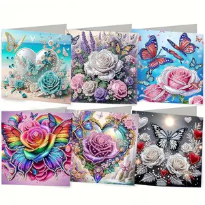 6-piece set DIY Diamond Painting Birthday Card Kit, unique flower pattern design, rhinestone diamond painting art mosaic postcards, holiday greeting cards, birthdays, perfect for families, friends, and lovers, handmade gifts, Crafts