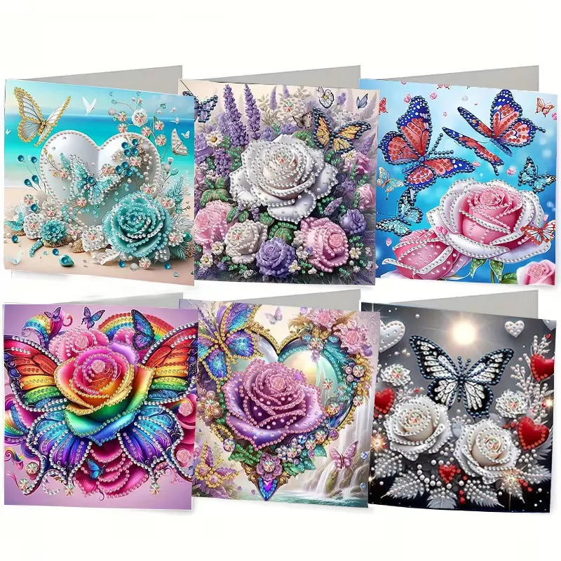 6-piece set DIY Diamond Painting Birthday Card Kit, unique flower pattern design, rhinestone diamond painting art mosaic postcards, holiday greeting cards, birthdays, perfect for families, friends, and lovers, handmade gifts, Crafts