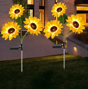 2pcs LED Solar Sunflowers Flower Light Home Decorative Flower Lights Garden Decoration Lawn Lamp Waterproof Landscape Light 3 Heads Outdoor Lighting
