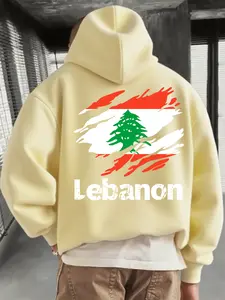 Men's Casual Hooded Sweatshirt with Kangaroo Pocket, Lebanon Flag Print Design, Fall & Winter Loose Fit Fleece Pullover