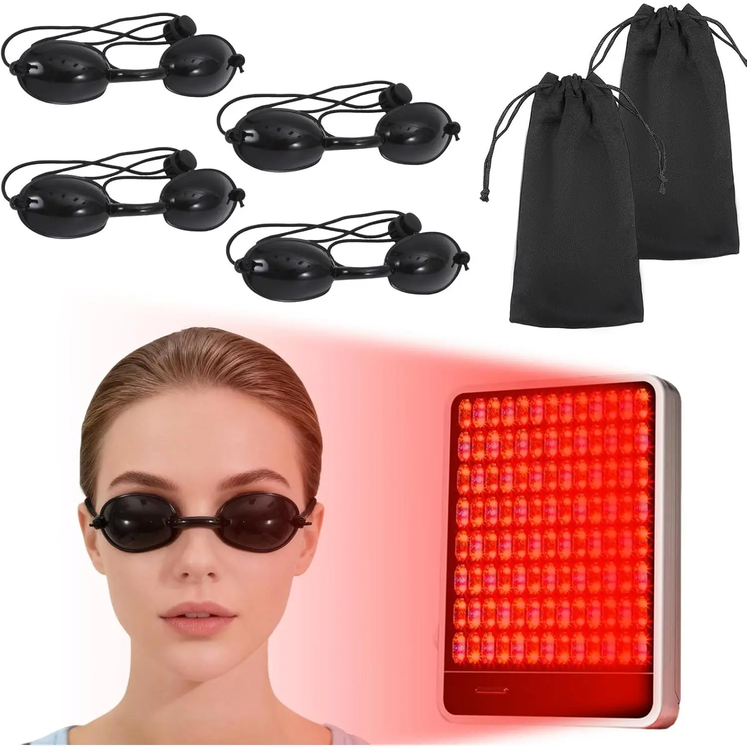 4 PCS Red Light Therapy Glasses, Half - clear Eyes Protection for Tanning Bed Goggles, Safety Glasses for Sunbathing & Laser Beauty Treatment, Black Wearing length adjustable Protective Goggles