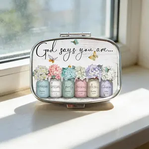 Portable Pastel Floral & Butterfly Medicine, Vitamin & Supplement Organizer Box, Vitamin Dispenser, 2 Compartments, Hypoallergenic, Soft Gel Capsule Friendly, Blue, Mint, Lavender