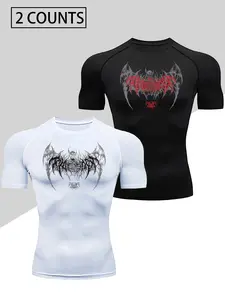 2PCS Men's Compression T-Shirt Set, High Elasticity Slim Fit Gym Shirt, Skull Print, Suitable for Exercise, Training, Summer Sports, Athletic Workout Clothing