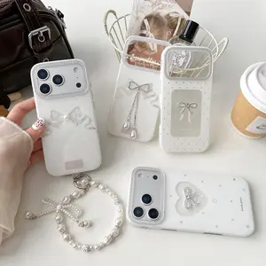 Korean Ins Simple Hollow-out Love Heart Pearl Sparkling Diamond Bow Phone Case for iPhone 17 16 15 14 13 Pro Max Back Cover Fund