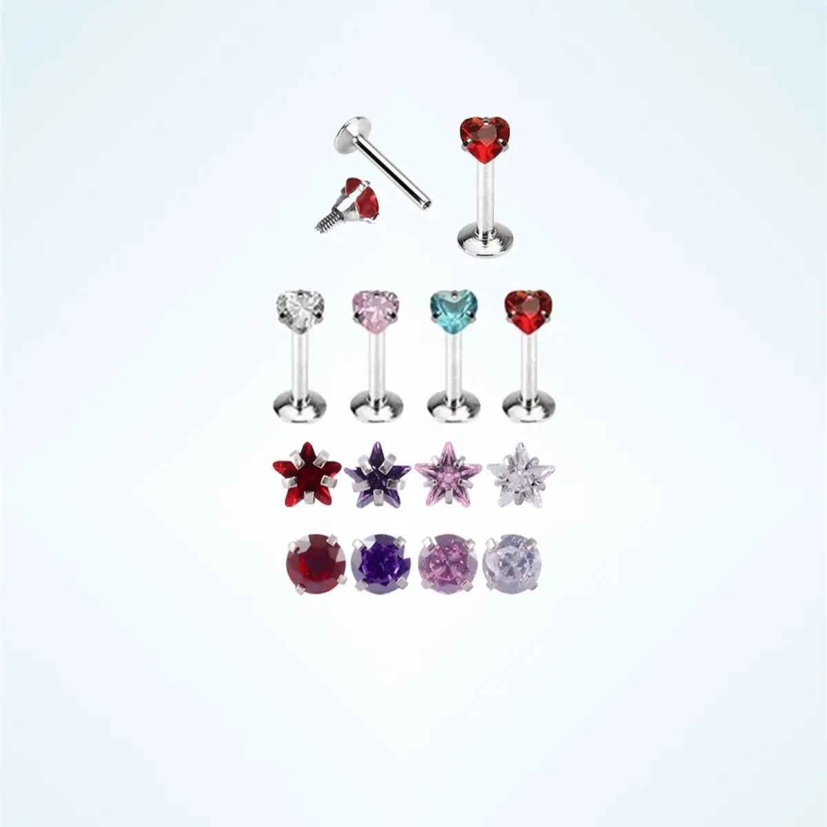 16g labret stud, gem Monroe piercing, internally threaded helix tragus cartilage Medusa lip cartilage, star round heart shaped (1 stud)