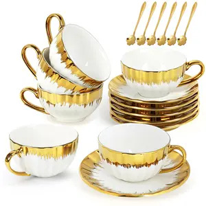 Classic Stylish 6-Piece Ceramic Coffee Cup & Saucer Set with Spoons - 7 oz Gold Rim Drinkware for Espresso, Cappuccino