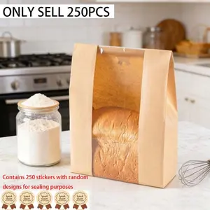 250set Food Storage Paper Bags with Window for Bread & Pastries Seal Stickers Random Designs