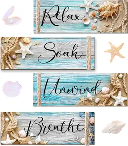 4 Pcs Ocean Beach Wood Relax Soak Unwind Breathe Art Sign Hanging Wooden for Decor Living Room Laundry Spa Washroom - Home Improvement.