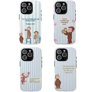 Christian Curious George Bible Verse Phone Case – Cute Monkey Faith Phone Cover, Pastel Blue Aesthetic, Inspirational Scripture Gift for Women |   Cover for IPhone 17 16 15 14 13 12 SE Max Pro Samsung galaxy 21 22 23 24 25