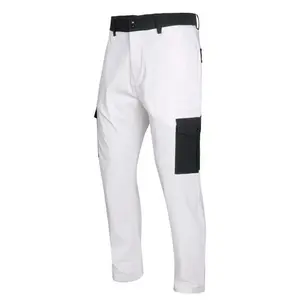 Men's Stretch Cargo Pants - Relaxed Fit White Casual Work Pants with Black Pockets, Durable Viscose Blend Fabric, Machine Washable, All-Season Comfort, Versatile Men's Wear | Utility Trousers | Durable Construction