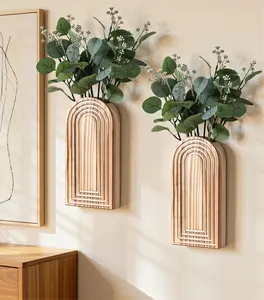 Ivydale 2 Pack Wooden Wall Vases with Fake Plants, Wall Hanging Planters Boho Modern Farmhouse Indoor for Narrow Spaces Entryway Bathroom Home Office Decoration, Brown