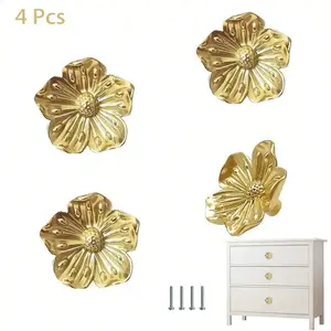 Brass 4 Pcs Flower Shape Drawer Knobs - Gold Cabinet Handles & Pulls, Adjustable Under Door Draft Stopper for Bedroom & Kitchen Furniture
