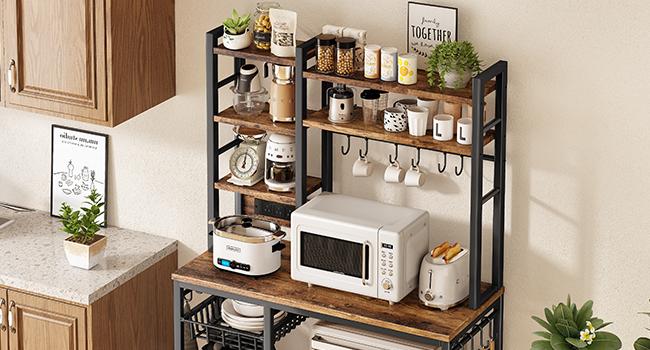 SNTD Baker Rack with Power Outlet - Microwave Stand with Storage, Large Coffee Bar Station with 14 Hooks, Metal Kitchen Shelf Rack for Spices, Pots (Rustic Brown) | with Power Outlet, with Storage, with 14 Hooks, for Spices, for Pots