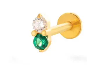 Titanium Emerald & Clear CZ Stud Earring – Hypoallergenic Gold Flat Back, Single Piece (1pc)