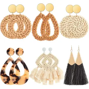 Women's 6-18 Pairs Alloy Rattan Earrings Set, Allergy-Free Lightweight Daily Wear Jewelry, Fashion Geometric Statement Hoop Dangles, Bohemian Costume Pieces Under 50