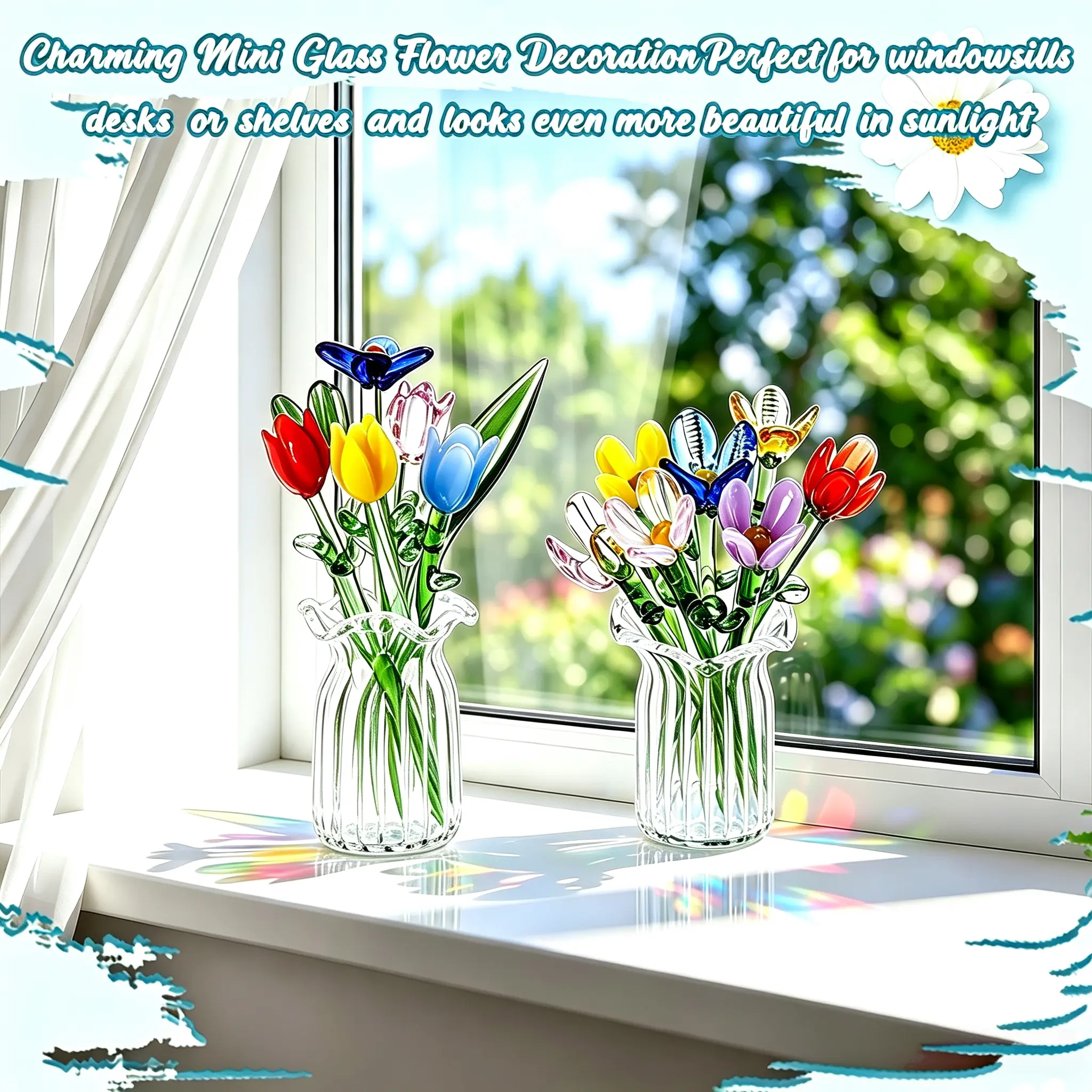 8 Pcs Glass Flowers in Vase, 7 Crystal Flowers with Stems Hand Crafted Mini Wildflower Bouquet, Birth Month Decor for Women Mothers, Centerpiece for Office Home Table
