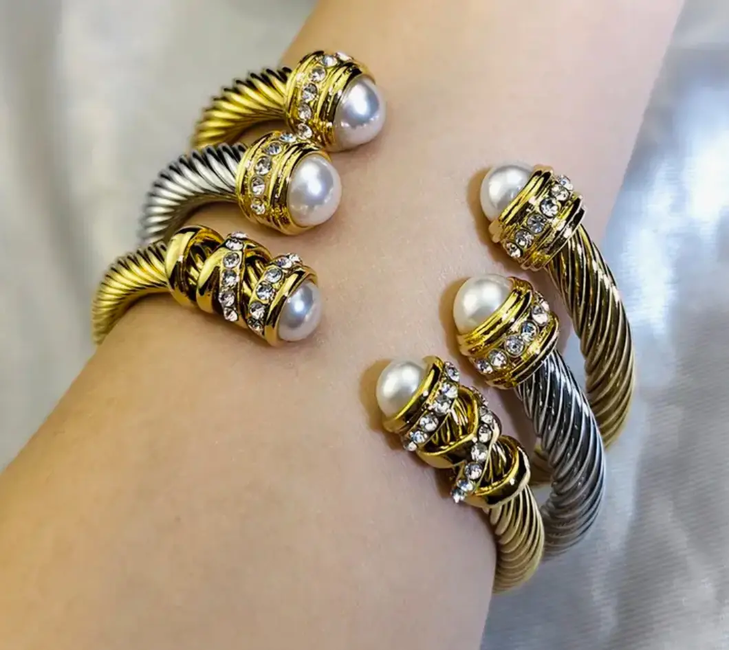 Twisted Bangle - Stainless Steel Assorted Unisex Minimalist Accessory with Unique Twisted Pattern & Pearl Accents