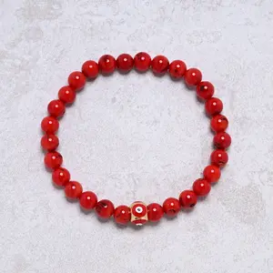Elastic 6mm Genuine Coral Beaded Bracelet with Vintage Evil Eye 8mm Red Bead